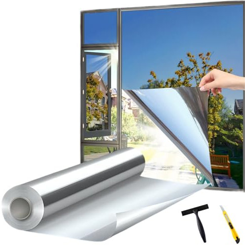Laputaqua Film Miroir pour fenetr 54 x 400cm Anti UV Anti Regard avec Kit de Pose Film occultant Fenêtre Bon Effet Miroir Protection de la Vie privée pour Maison Bureau Magasin (Argenté, 50X400(cm))