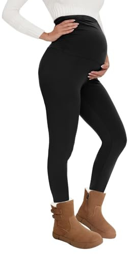 QGGQDD Thermal Maternity Leggings Women High Waisted Fleece Lined Black Pregnancy Pants with Soft Belly Support for Yoga Gym in Winter（Black/L）