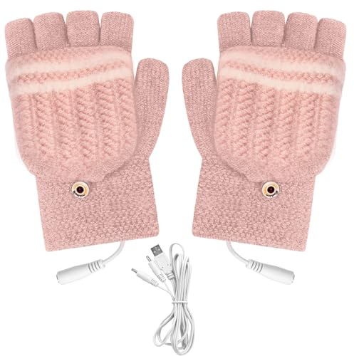 Fesatccoz USB Heated Gloves Mittens for Women Men, Heated Knitting Gloves, Half Fingerless Winter Hands Warm for Outdoor Activities