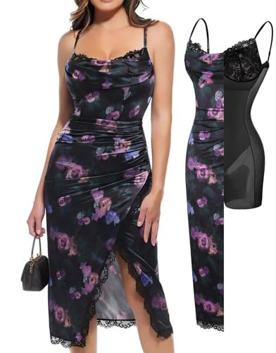 Popilush Shapewear Midi Dress Women's Cowl Neck Corset Dress Slit Floral Print Dresses with Built in Lace Bra