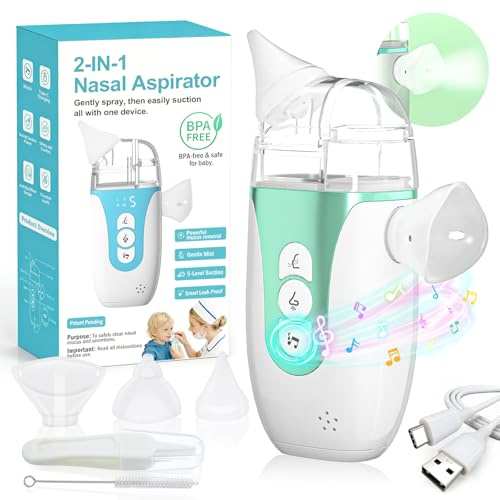 Nasal Aspirator for Baby, 2-in-1 Electric Nose Sucker for Toddlers with Spray, Up to 70kPa with 5 Levels, Auto Leak Control, 3 BPA-Free Silicone Tips, Quiet & Portable Nose Cleaner (Olive Green)