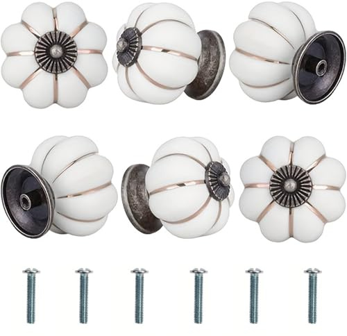 Bikasun 6 pomos para muebles con forma de calabaza, blancos, pomos vintage de cerámica, pomos para armarios con tornillos, tiradores para cajones de armarios, cómodas