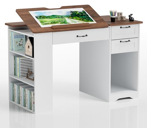 AeasyG Verstellbarer Zeichentisch - Mit 3 Schubladen & 3-stufigen Regalen, Stabile MDF-Konstruktion (50kg Tragfähigkeit) für Künstler & Home Office, 0-80° Winkelanpassung, 60x120x76cm