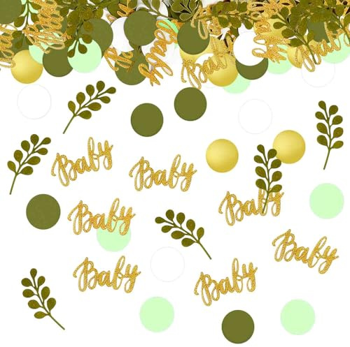 200 Pcs Greenery Baby Shower Confetti Scatter Party Table Decorations Light Green Olive Green White Gold Confetti Dots with Eucalyptus & Gold Baby Scatter for Birthday Baby Shower Gender Reveal Decor