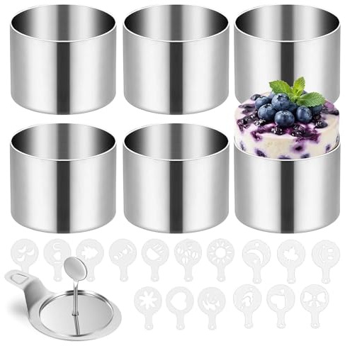 Eulihent 6 Pcs Cooking Rings Set with Spatula + Food Press + 16 Pcs Coffee Stencils Mousse Moulds Stainless Steel Cake Rings Round Food Baking Ring Oven & Dishwasher Safe for Crumpets Pastry Desserts