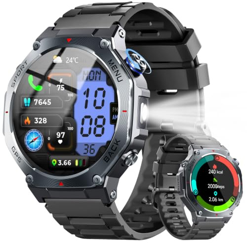 Smartwatch Uomo GPS, 1.43 AMOLED Militari Orologio Smartwatch con Chiamate Bluetooth, 5 ATM Smart Watch con Sonno/Cardiofrequenzimetro/Torcia/Bussola, 160+ Sportive Fitness Tracker per Android iOS
