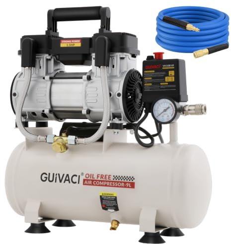 Compresseur 9L sans huile - Silencieux, 1100W (1.5CV), Max 8 bar, 10m Tuyau d'air inclus, pour gonfler les pneus, la peinture, la voiture et le bricolage
