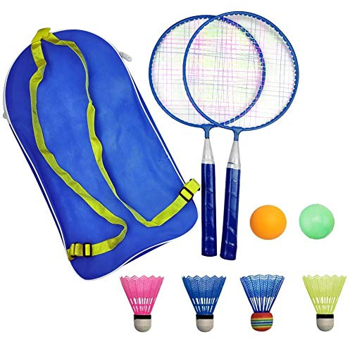 Badminton Racket for Children 1 Pair, Nylon Alloy Durable Badminton Racquet Set for Kids Indoor/Outdoor Sport Game（Including 4 Badminton and 2 Table Tennis） (Blue)