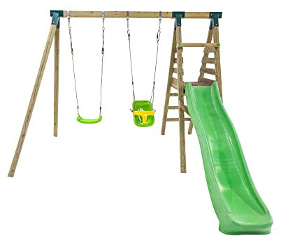 MASGAMES | Parco giochi Mauna LOA | Versione in Legno Quadrato | Altalena a Due posti | Piattaforma con scivolo a 120 cm Altezza | (seduta extra bambino)