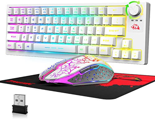 ZIYOU LANG T50 Clavier et Souris de Jeu sans Fil 2.4G, Semi-Mécanique 60% Clavier Gaming,4000mAh Rechargeable,RGB Rainbow Backlit,QWERTY+Mouse Gamer Wireless 2400 DPI+Pad de Souris pour PC Mac-Blanc