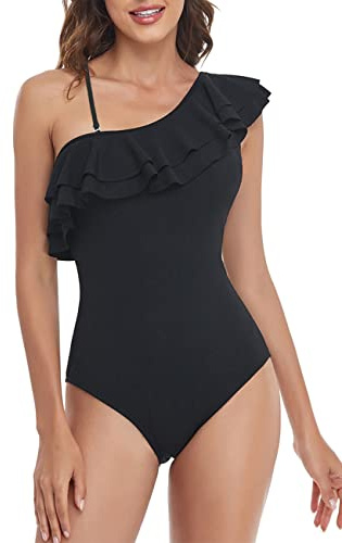 NLAND Traje de Baño Una Pieza para Mujer Bañador para Mujer Volante de un Hombro Conjunto de Bikini Push Up Acolchado Traje de Baño(Negro,XL)