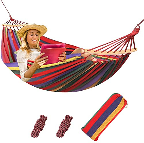 AKOFIC Hängematte Outdoor Baumwolle 190 x 150 cm, Camping Hängematten Stabhängematte Belastbarkeit bis 150 kg, Outdoor Stoffhängematte Tragbare Atmungsaktiv mit Tragetasche für Camping Garten Terrasse