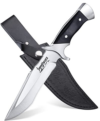 Japaknives Cuchillo de supervivencia al aire libre Cuchillo de caza Cuchillo afilado Bushcraft Cuchillo de cinturón Cuchillo de vaina Hoja fija de espiga completa con funda de cuero para hombres