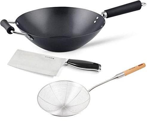 Ken Hom großer Wok Induktion 31 cm Antihaft aus Karbonstahl mit Phenolharz-Griff - 3-tlg. Wokpfannen Set mit Schaumlöffel & Hackmesser