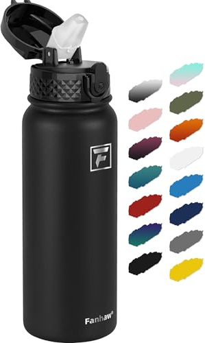 Fanhaw 600ML Edelstahl isolierte Sportwasserflaschen mit Strohhalm für Schule, Kinder, Männer und Frauen (Schwarz)