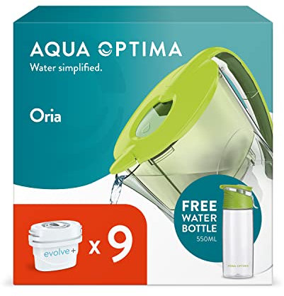 Aqua Optima Oria Wasserfilterkanne & 9 x 30 Tage Evolve+ Wasserfilterkartusche, 2,8 Liter Fassungsvermögen und ein 380-ml-Reisebecher, zur Reduzierung Verunreinigungen, Grün
