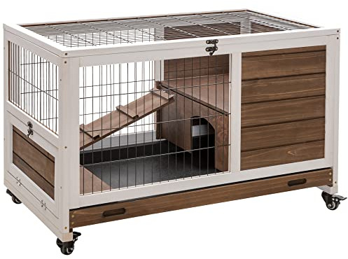 PawHut Indoor Rabbit Cages Guinea Pig Hutch, with Openable Roof, Wheels, Indoor Enclosed Run with No-Leak Tray, Brown