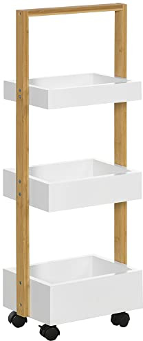 HOMCOM Chariot de Rangement à 3 Niveaux desserte étagère de Rangement à roulettes pour Salle de Bain Cuisine 28 x 18 x 75 cm en Bambou et Bois Blanc
