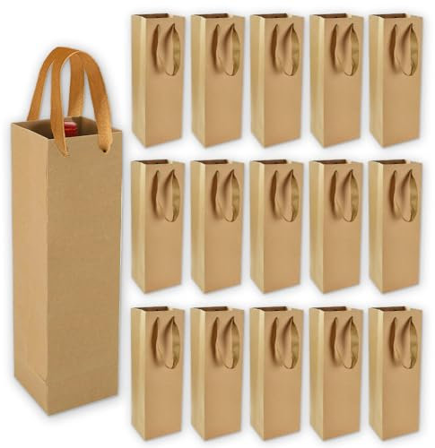 Aoreun Kraft-Wein-Geschenktüte, 15 Stück Tüten Wein Tüte Flaschen Geschenktüten mit Griff Wiederverwendbares Kraftpapier für Champagner Bier, Weihnachten Hochzeit Party, Hochzeit (11 x 9 x 35 cm)