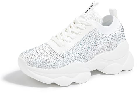 LUCKY STEP Women's Rhinestone Mesh Slip On Fashion Sneaker Sparkle Bling Shiny Chunky Rave Walking Shoes(White Rhinestone,9 B(M) US)