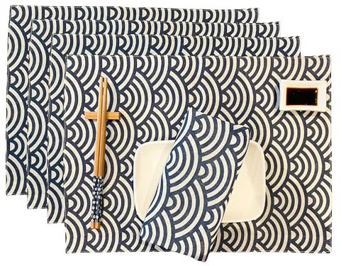 Exerz CosyAurora - Tovagliette all'americana in cotone e lino, 30 x 40 cm, motivo onde oceaniche, per tavolo da pranzo/cucina, set da 4 pezzi (B)