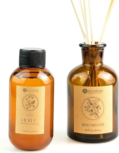 Ecodrop Vanilla Reed Diffuser Set - 100ml | Floral Violet & Vanilla Calming Scented Aromatherapy Fragrance Oil, a Glass Bottle & 6 Wooden Reed Sticks