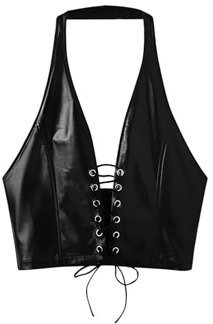 Men's Punk Tops Sexy PU Leather Black Motorcycle Vest Adjustable Slim Fit Tight Shirt Sleeveless Muscle Men Halter Neck Rock Party Tank Top for Band Players Nightclub Male Cowboy Performers