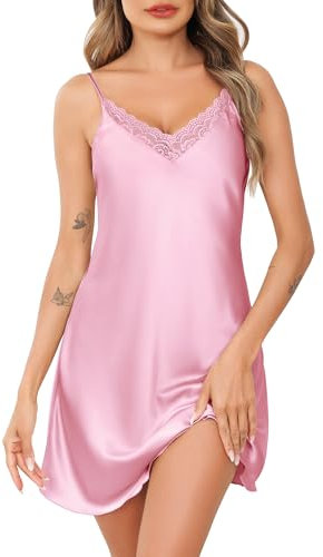 Wikoan Negligee Damen Sexy Nachthemd Satin mit Spaghettiträger Spitze V Ausschnitt Babydoll Dessous Sexy Nachtkleid Verstellbare Träger Kleid Dunkles Rosa L