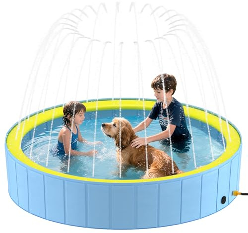 Heeyoo Foldable Dog Pool with Sprinkler for Large Dogs, Portable Hard Plastic PVC Pet Bathing Tub, Outdoor Collapsible Swimming Pool for Pets, 79''x 12''