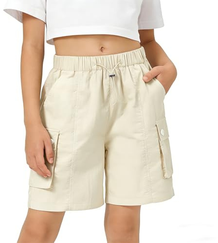 Rolanko Enfant Shorts Fille Sport Actif Èté Cargo Bermudas Shorts pour Ado Course Gym Pantalon Court Parachute, Beige, Taille: 13-14 Ans/170