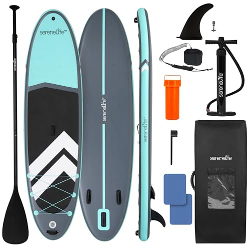 SereneLife Paddle Board Inflatable Extra Wide SUP Stand Up Paddleboard – Stable All Round Board for Adults, Kids & Pets, Non Slip Deck, 200 kg Capacity, Yoga Fishing Touring Accessories Kit