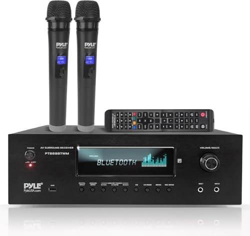 Pyle Wireless BT Streaming Home Theater Receiver - 5.2-Ch Surround Sound Stereo Amplifier System w/ 4K Ultra HD Support, MP3/USB/AM/FM Radio (1000 Watt MAX), w/ 2CH UHF Wireless Microphone