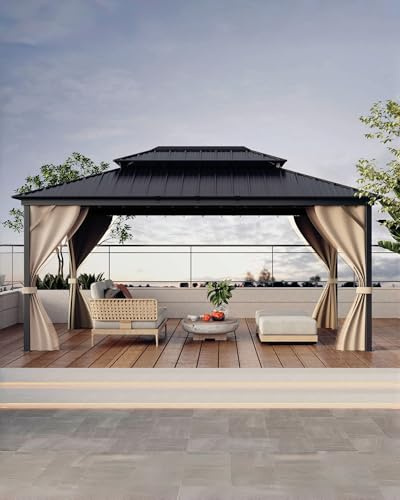 GarveeLife Hardtop Gazebo 12 ft x16 ft for All Weather, with Double Metal Roof, Aluminum Alloy Frame, Net, and Curtain, Permanent Building for Patio, Deck, Backyard, Lawn, and Garden
