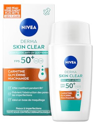 NIVEA - Soin Visage Fluide Anti-UV Derma Skin Clear FPS50+ - Matifie La Peau - Prévient L'Obstruction Des Pores & Les Imperfections - Carnitine, Glycérine & Niacinamide - Peaux À Imperfections - 40 ml