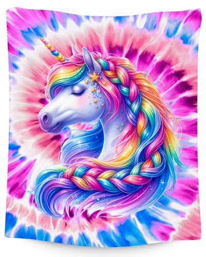 UNIKITTY Girls Blanket, Unicorn Blanket Gifts for Girls Toddlers, 40x50 Tie Dye Rainbow Throw, Fuzzy Flannel Kids Throws for Unicorn Lovers