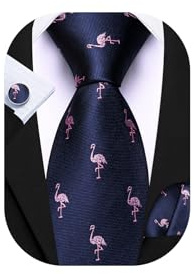 Barry.Wang Funny Ties Mens Navy Blue Flamingo Animals Silk Necktie Set Handkerchief Cufflinks Party Christmas