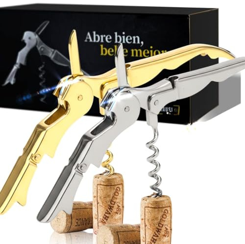 Pack de 2 Sacacorchos Profesionales Plateado y Dorado | Abridor de Vino Tipo Camarero con Caja de Diseño | Incluye Abrebotellas y Cortacápsulas | Regalo Elegante para Hogar o Empresa