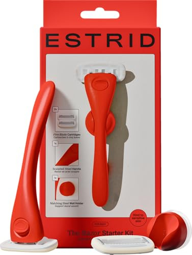 ESTRID Juego de iniciador de afeitadora para mujer, sistema de 5 cuchillas, tira de humedad vegana, 2 cuchillas de repuesto, soporte de pared (Solar)
