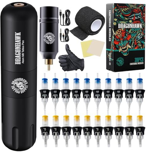 Dragonhawk kit de tatuaje máquina de tatuar rotativa Pen de inalambrica de Tattoo Gun de Batería 1100mAh with RCA Jack Agujas de Tatuaje for Principiantes de Tatuaje