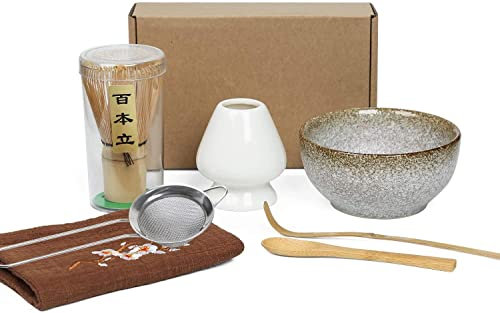 Japanischer Matcha-Tee-Set von 7, mit 100 Zinken Matcha Schneebesen, Schneebesenhalter, traditionelle Schaufel, Teelöffel, Teesieb, Geschirrtuch und Keramik-Matcha-Schalen