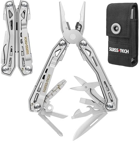 Swiss+Tech Alicates Multifunción, 16 en 1 Alicates Multiusos, Herramienta Multifuncional Plegable de Acero Inoxidable con Alicates Sierras Destornillador Lima para Camping Senderismo