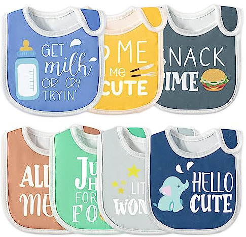 WATINC 7Pcs Letters Baby Muslin Bibs, Polyester Cotton Absorbent Bib With Velcro, Soft Breathable Waterproof Cloths for Newborns Infants Teething Feeding Weaning, Gift for Toddlers (0-36 Month)