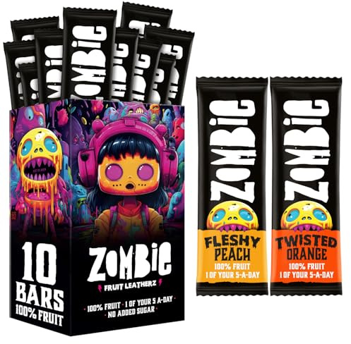 Zombie Fruit Bars, Orange & Peach (10 Bars, 2 Flavours), 100% Dried Fruit, Healthy Snacks, Adults, Kids, Office, Low Calorie, Gluten Free, Vegan, Halal, Bulk, Real Fruit, No Added Sugar, Natural