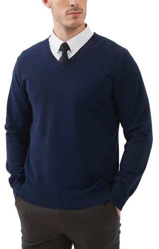 Kallspin Men’s Pure Cotton V Neck Jumper Sweater Knit Pullover Long Sleeve Smart Casual Knitwear(Navy Blue, XXL)