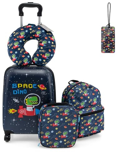 HOMFME 5PCS Kids Luggage Set, 16 Inch Children Suitcase and 13 Inch Backpack Set with Neck Pillow, Lunch Bag, Name Tag, Hard Shell Toddler Trolley Suitcase for Boys Girls (Astronaut, Navy)