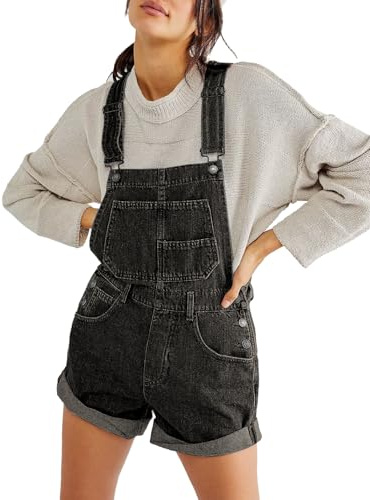Sukany Women's Casual Denim Overall Shorts Loose Adjustable Straps Dungarees Bib Jeans Shortalls Rompers Pants Black XL