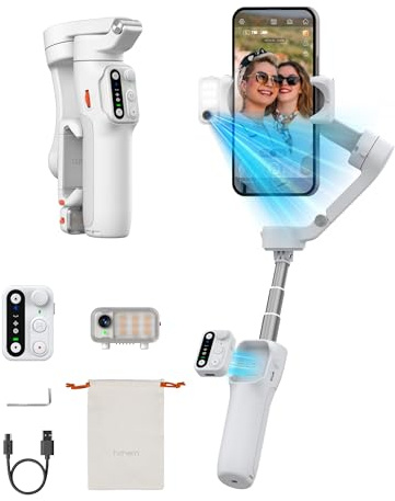 Hohem iSteady V3 Phone Gimbal Stabilizer, Magnetic AI Tracking Sensor with Fill Light, Detachable Remote Control, Built-in Extension Rod and Tripod, Foldable 3-axis Stabilization Gimbal, White