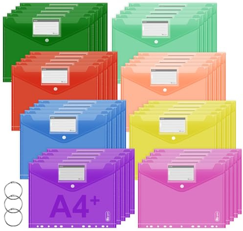 40 Pack A4 Plastic Wallets - 8 Assorted Colours Plastic File Folders with 11 Holes, Transparent Document Envelopes Wallets with Snap Button and Label Pockets for Office, School, and Home Organization