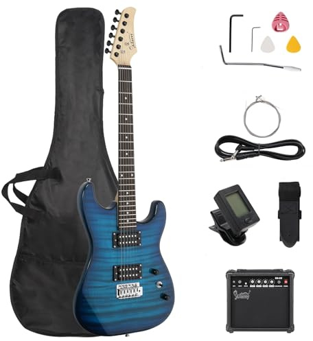Bonnlo 39 Electric Guitar Kit, HH Pickups Electric guitars with 20W Amp, Bag, Strap, Cable, Full Accessories for Beginners (Blue)