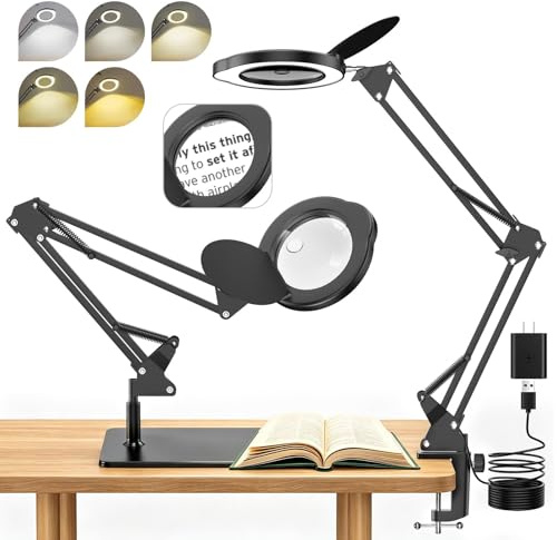 QDOJC 15X 10X Lampe Loupe de Bureau, Loupe Grossissante avec Lumiere Support et Pince, Loupe de Lecture Main Libre avec 5 Modes de Couleur, 9 Niveaux de Luminosité pour Diamond Painting Accessoires